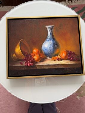 Zhi Li, blue vase with fruit oil painting 2019